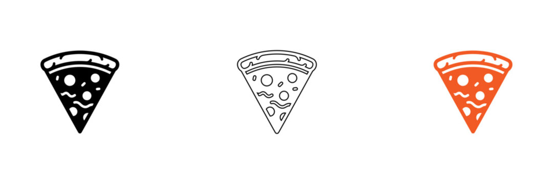Three stylized pizza slice icons in different colors isolated on transparent background, Vector