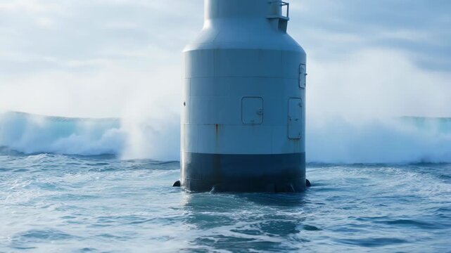 Offshore wind turbine foundation base in rough ocean waves, renewable energy industry, sustainable power generation, marine engineering, extreme weather