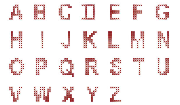 Maroon Cross Stitch Alphabet Pattern Complete English Capital Letters A to Z Pixel Art Font Isolated on White Background for DIY Craft Embroidery Project