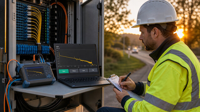 Telecommunications technician inspects a fiber optic network cabinet with test equipment and laptop during an outdoor maintenance visit at sunset.