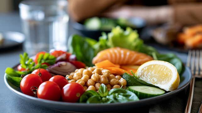 balanced healthy food plate showing portion control in bright even lighting, nutrition concept, wellness, bright, with copy space