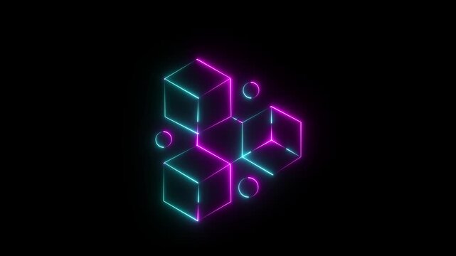 glowing neon blue Geometric Cubes Arrangement With Circles Motion graphics of concept black background. animation 4k video