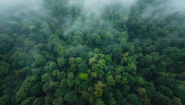 Top down view of deep forest vegetation blanketed in thick misty fog throughout morning.