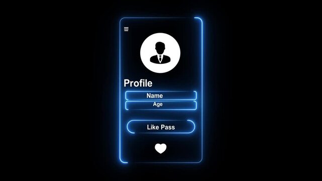 Glowing Neon User Profile Interface Animation with Like Pass Button, Online Dating App UI, Mobile Account Screen and Digital Match Concept animation