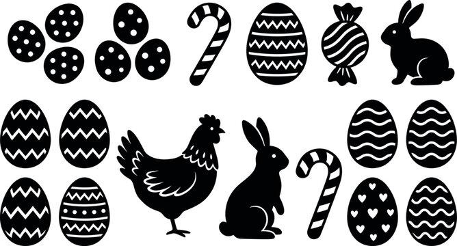 Black Easter silhouettes with eggs, rabbits, candy, and chicken icons