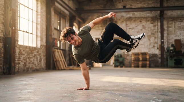 Young athletic man breakdancer doing freeze handstand power move in industrial urban loft warehouse gym.