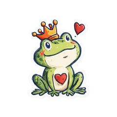 Fototapeta premium Cute little green frog prince wearing a golden crown with a red heart, fairytale animal cartoon character vector illustration transparent background