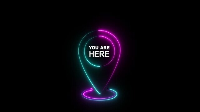 Glowing Neon You Are Here Location Pin Icon Animation, GPS Navigation Marker, Map Pointer Indicator and Destination Sign on Black Background