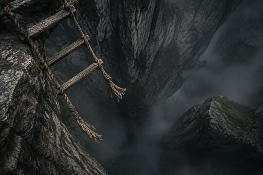 The frayed end of a broken rope ladder dangling over a deep chasm.