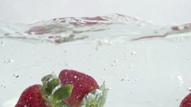 fresh strawberries fruit dropped into water in super slow motion