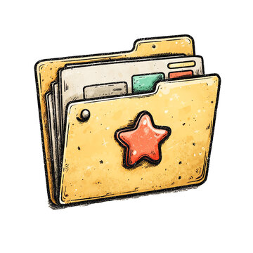 Cute yellow document folder with documents and a red star sticker, office organization and file management vector illustration transparent background