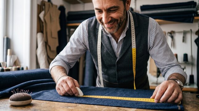 Smiling tailor measuring fabric with chalk and tape measure in his artisan workshop.