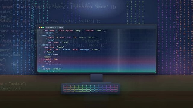 Close up of computer screen displaying complex software programming code with digital data background