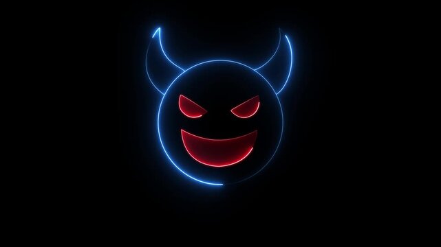 Mischievous red devil emoji icon with yellow horns, menacing eyes, and a wicked grin, Bright red devil face with horns,