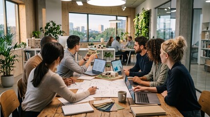 Obraz premium Multi-ethnic architectural team collaborating around a wooden table in a modern office.