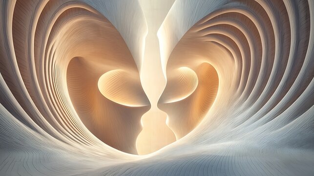 Abstract Harmony: An ethereal abstract visualization of flowing, layered forms creating a sense of balance and serene beauty, bathed in soft, warm light.