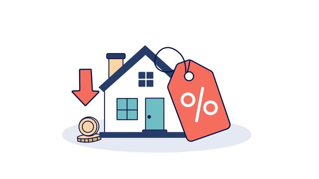 Home Discount With Percentage Tag And Falling Price Flat Design Animation. Affordable Real Estate, Property Sales, Mortgage Offers, And Housing Market Savings. Concept 