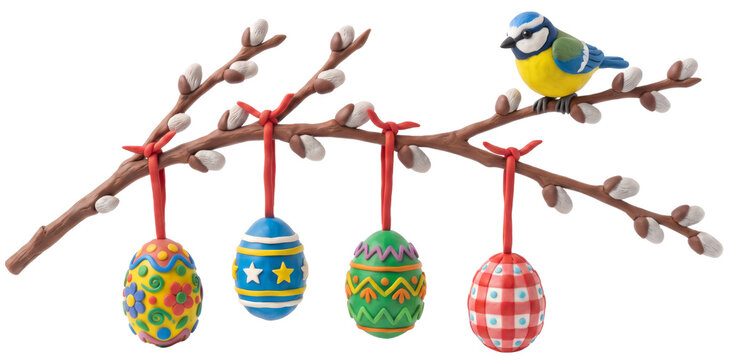Clay Willow Branch with Hanging Easter Eggs and Bird. Illustration