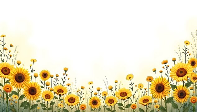 Beautiful bright yellow sunflowers blooming in a sunny summer meadow field garden border