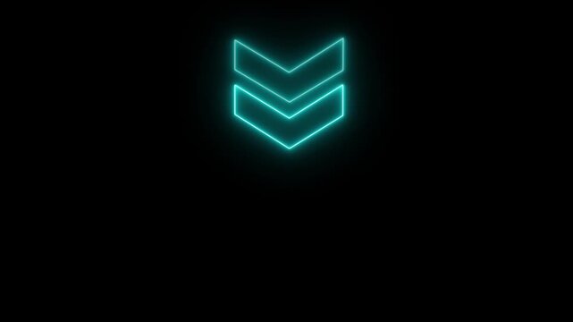 Glowing neon downward chevron arrow animation with smooth layered motion symbolizing decline direction navigation progress movement transition interface technology and futuristic digital design