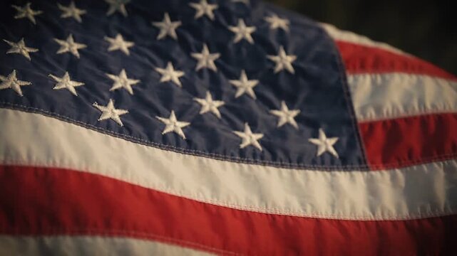 Close up of American flag waving slowly in wind gentle motion patriotic symbol of USA against blurred background cinematic footage subtle movement patriotic background.