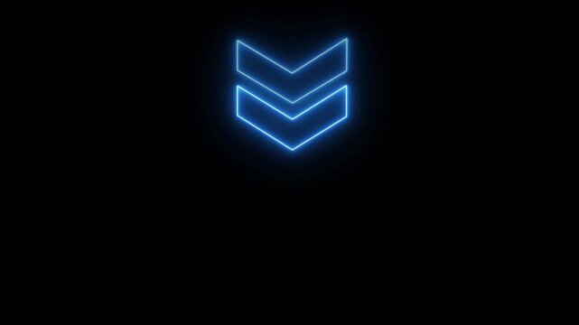 Glowing neon downward chevron arrow animation with smooth layered motion symbolizing decline direction navigation progress movement transition interface technology and futuristic digital design