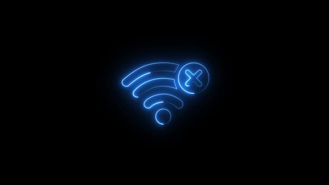 Glowing Neon No WiFi Connection Icon Animation Isolated on Black Background, Wireless Network Error Symbol Motion Graphic animation