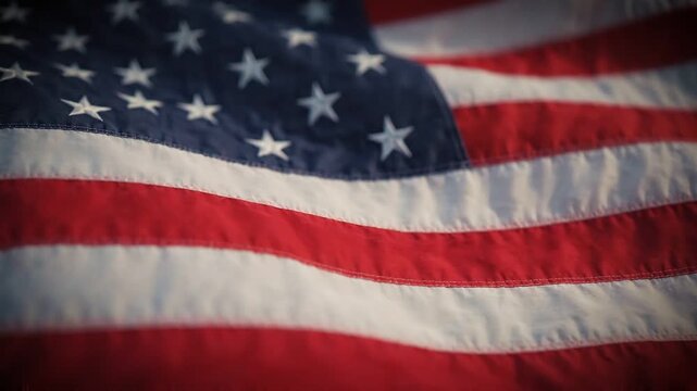 Waving american flag close up shot in soft sunlight showing fabric texture and stars with patriotic motion in slow motion for national holidays and events.