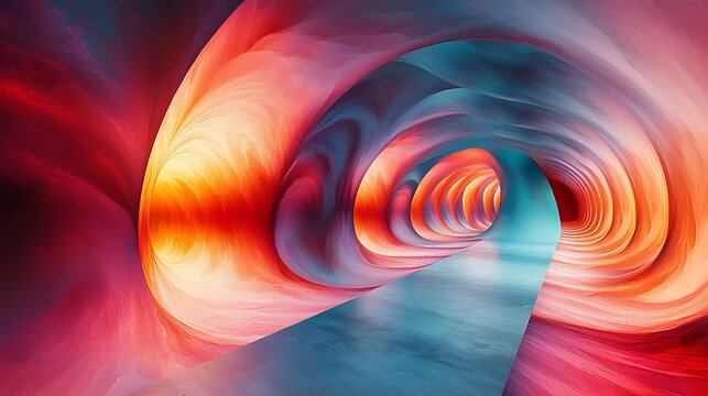 Abstract Tunnel of Light: A vibrant and surreal tunnel of swirling colors, with shades of orange, red, and blue, creates a mesmerizing and dynamic visual experience.
