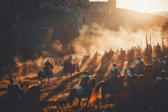 Epic wide angle cinematic medieval battle of two knight armies clashing under the walls of an authentic European fortress at golden hour with dramatic volumetric light