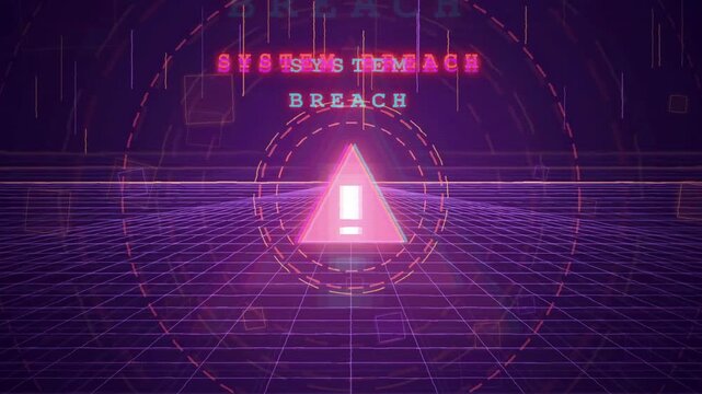 Cybersecurity system breach warning with glitching digital alert icon on purple synthwave grid background