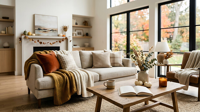 Cozy modern living room interior decorated for autumn with warm blankets, pillows and fall decor