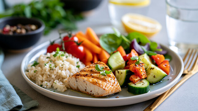healthy portion control plate for a diet plan displayed in bright even lighting, nutrition concept, balanced meal, wellness, bright, with copy space