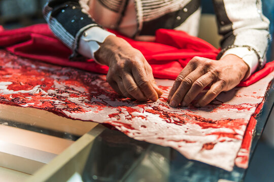 Fashion designer pin handmade red dress fabric pattern