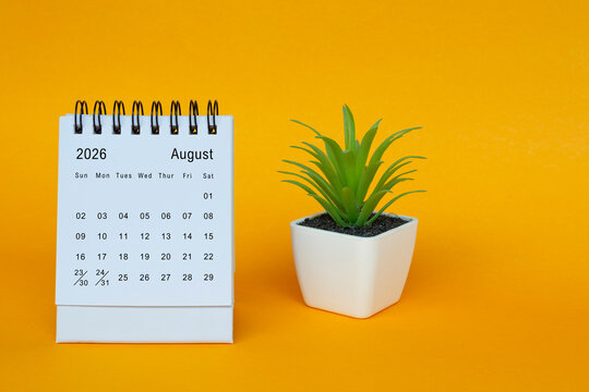 The August 2026 desk calendar with potted plant on yellow background.