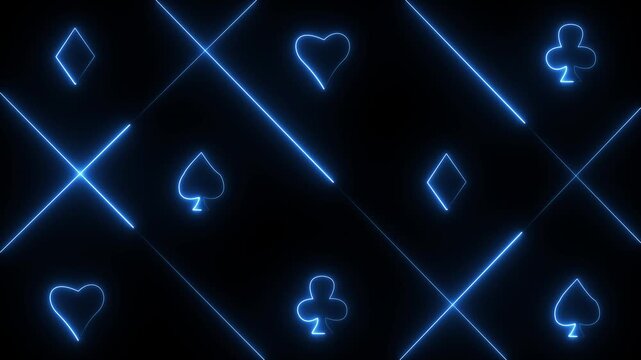 Neon Glowing Playing Card Suits Animation with Hearts and Diamonds, Intersecting Light Lines on black background. animation
