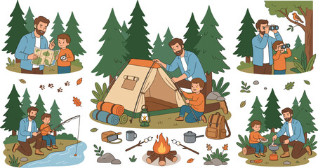 Fototapeta premium Family camping adventure vector illustration bundle with father and son pitching tent fishing roasting marshmallows and exploring nature