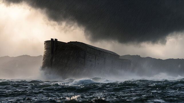 Noahs ark floating on a stormy sea under dark rain clouds