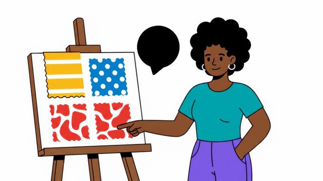 Artist presenting fabric swatches with patterns on an easel, colorful design samples