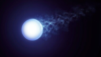 Fototapeta premium Bright glowing white sphere with a dusty particle tail moving across a dark blue universe.