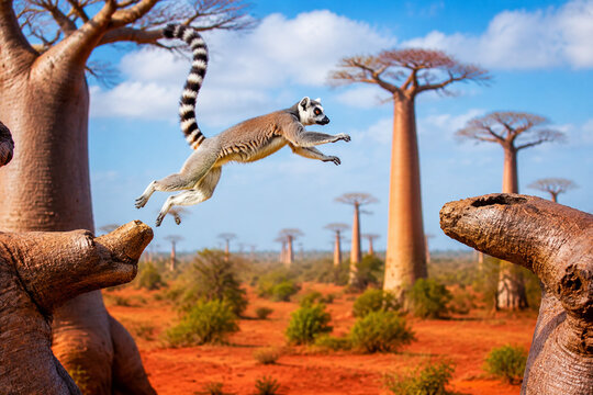 A lemur leaping between the thick branches of a baobab tree.