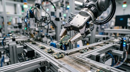 Fototapeta premium Automated robotic arm precisely placing electronic circuit boards on an assembly line