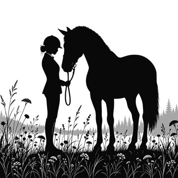 Silhouette of a female rider with her horse: Design for equestrian club logos, horse breeding farm brochures, or country life posters. Transparent background SVG version.