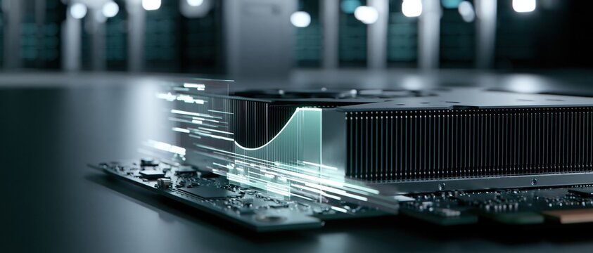 Futuristic computer processor with glowing blue data streams