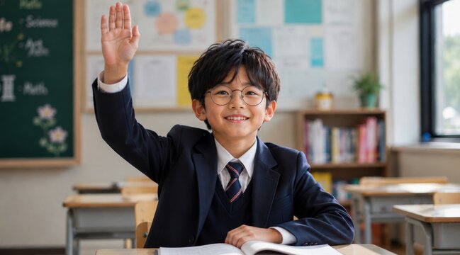 笑顔のアジア人男子生徒が制服を着て、教室の授業中に手を挙げている。積極的な学習、授業への参加、教育、自信、新学期を表すイメージ