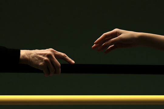 A conceptual minimalist image showing two hands reaching toward each other across a dark space, evoking themes of connection, communication, trust, human relationships, and symbolic interaction. 