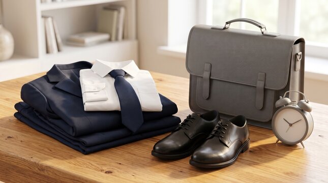 School uniform, white shirt, tie, leather shoes, satchel and alarm clock arranged on a wooden table, representing school preparation, morning routine and back to school