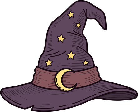 Purple witch hat with stars and moon buckle vector illustration, halloween wizard hat concept
