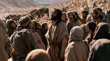 Fototapeta premium A bearded man in traditional robes looking upwards while addressing a crowd in the desert