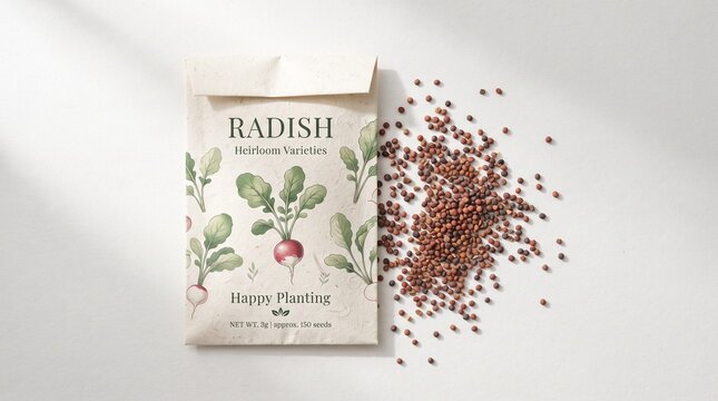 Radish seed packet mockup with spilled organic seeds on light background
